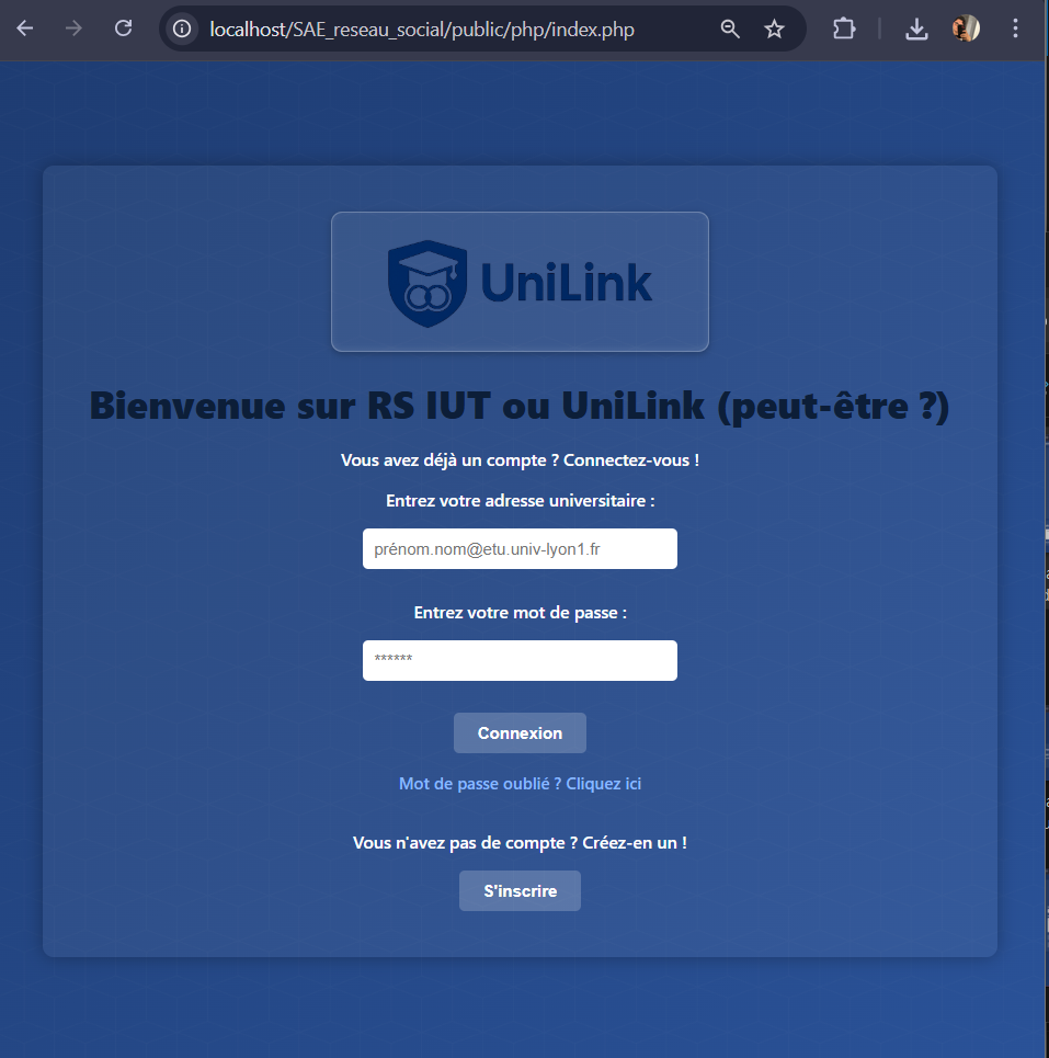 Page de connexion de UniLink